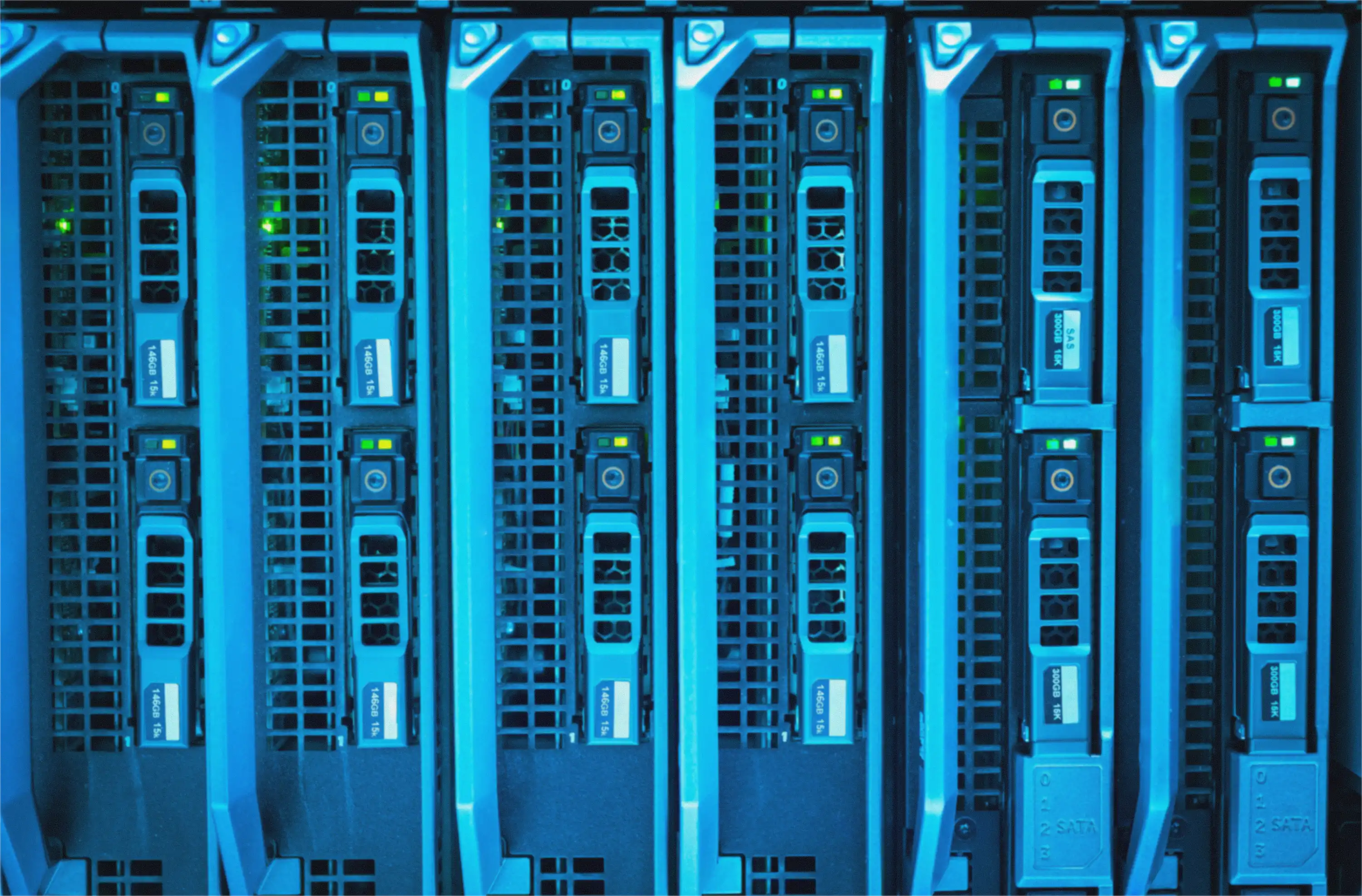 Blue-lit data centre server racks