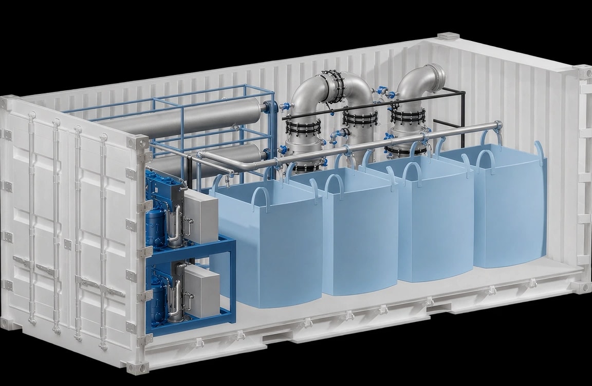 Cutaway render of the Kira container showing the process equipment and solids storage bags